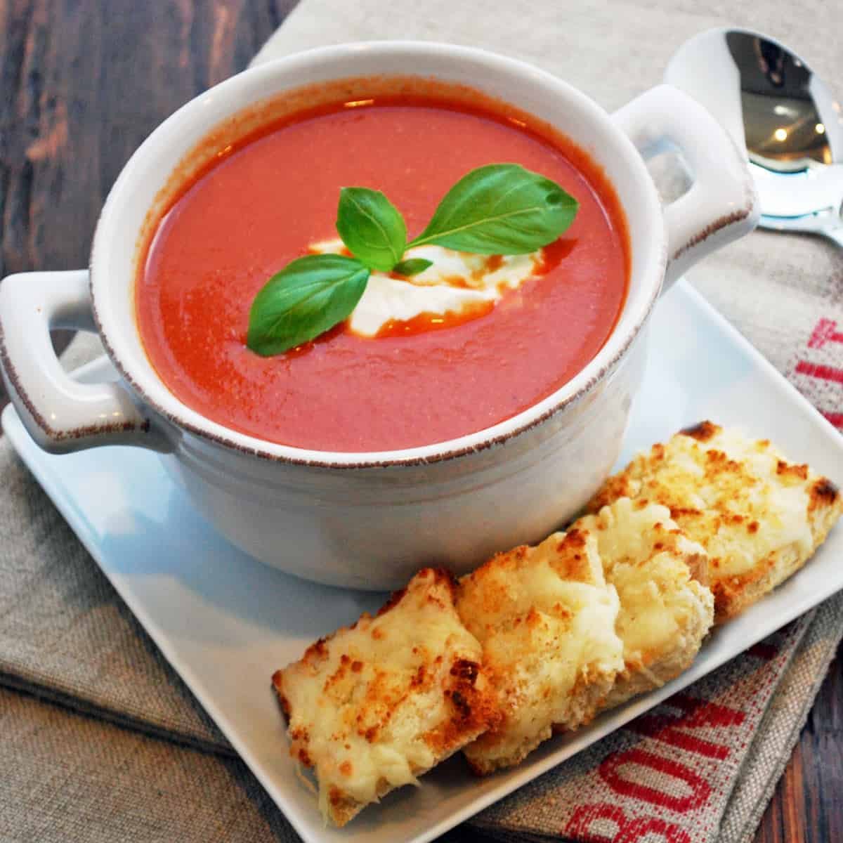 Tomato Cream Soup with Mozzarella and Crispy Croutons