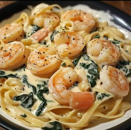 Tagliatelle with shrimp and spinach